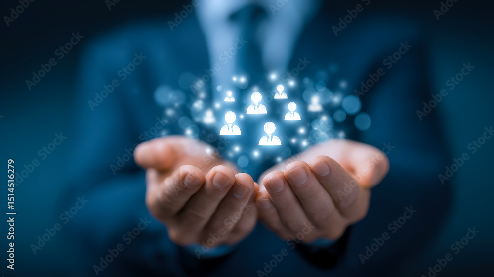 Hands holding digital icons representing a network of people or team members Hands holding digital icons representing a network of people or team members