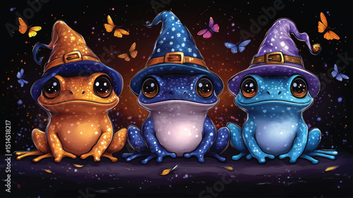 Three cute little frogs in festive hallowen hats