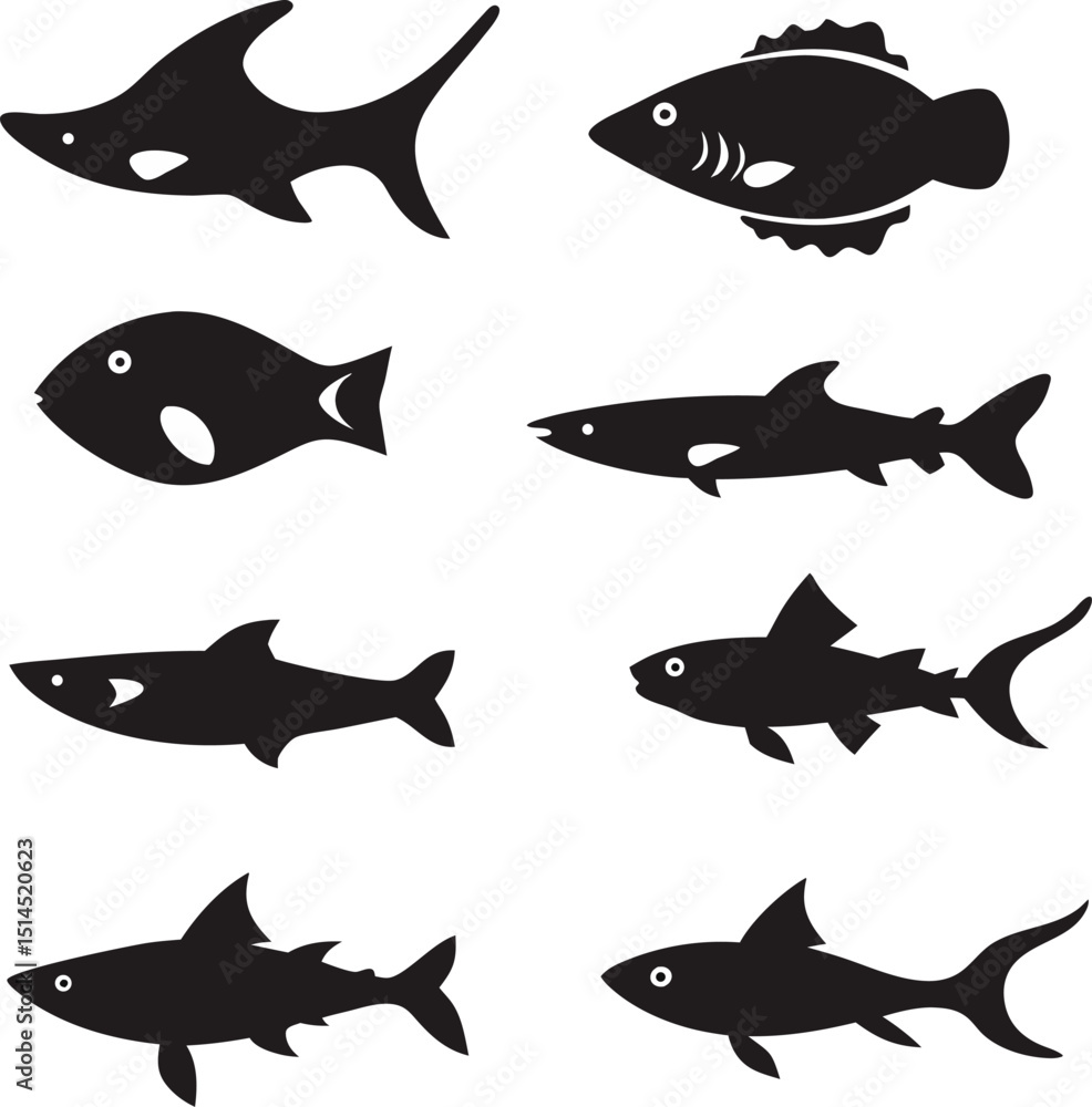 Vector illustrations of various silhouetted fish including sharks and marine life elements for design projects Vector illustrations of various silhouetted fish including sharks and marine life elements for design projects