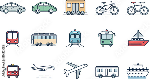 Colorful Transportation Icons Set Perfect for Branding and Design Projects