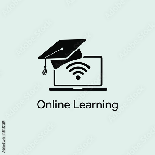 Online learning concept with graduation cap on laptop displaying wifi symbol, representing digital education and virtual courses