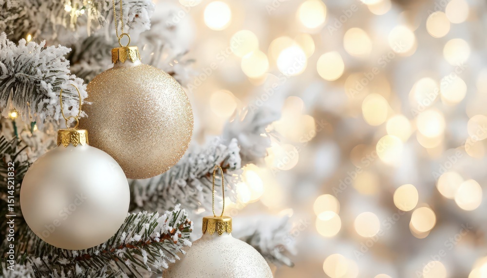 Close-up of festive gold and silver Christmas ornaments on snow-dusted tree with blurred warm lights background Close-up of festive gold and silver Christmas ornaments on snow-dusted tree with blurred warm lights background