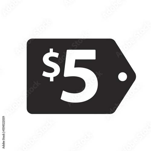 Price tag showing five dollars. Simple price tag design featuring five dollar price.  Five dollar price tag for online shop, sale announcement, or retail marketing