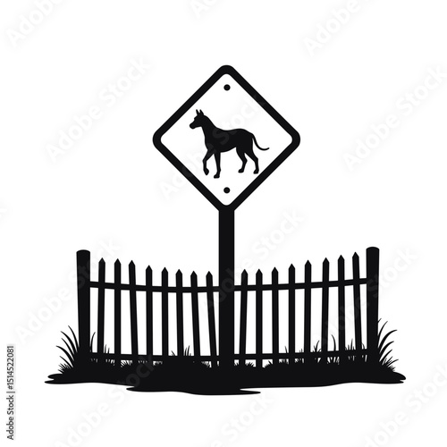 Xoloitzcuintli dog warning sign near wooden fence.  Black and white image of Mexican hairless dog silhouette on diamond-shaped signpost