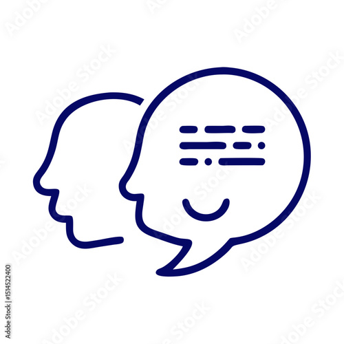 Outlined icon of two heads in conversation with smile and braille dots, inclusive communication symbol for assistive tech, disability advocacy, multilingual platforms, and accessible dialogue apps

