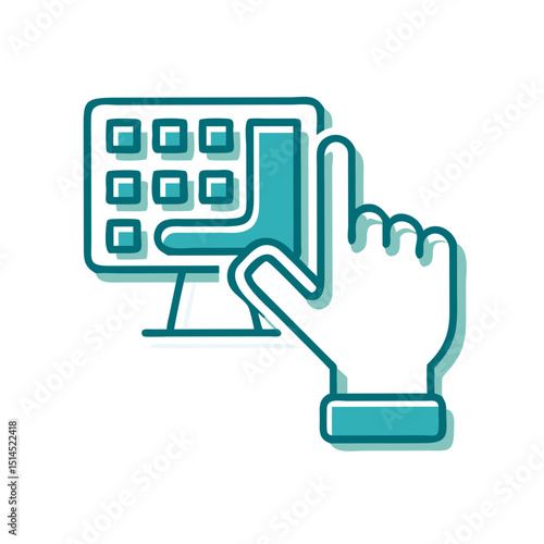 Stylized icon of hand selecting an option on digital screen, modern UI concept for touchscreen interaction, digital accessibility, mobile app UX design, and assistive technology branding

