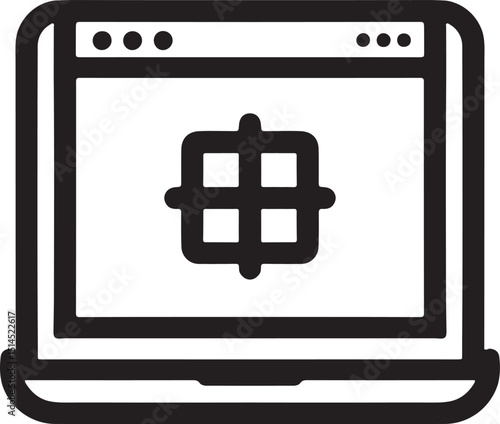 ソフトウェア アプリケーション、デスクトップ コンピュータ テクノロジ、オペレーティング システム、ユーザー インターフェイス、生産性、および技術コンピューティングのためのデジタル ワークスペースを表すウィンドウ アイコン付きのラップトップ