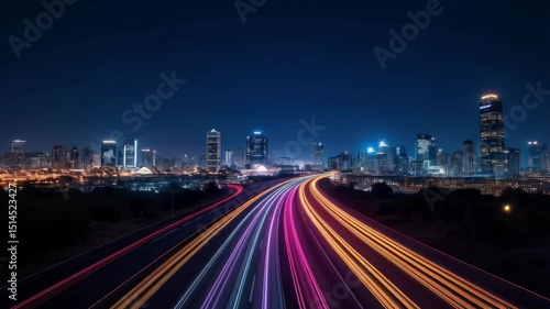 Wallpaper Mural City skyline illuminated by streaks of vibrant light trails from a busy highway at night. A dynamic and modern urban landscape Torontodigital.ca