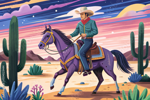 Cowboy riding a horse in the desert illustration vector