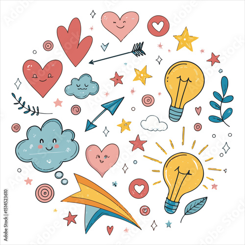 This image is a colorful and whimsical illustration featuring various cute and playful elements. Here's a breakdown of the elements in the image: