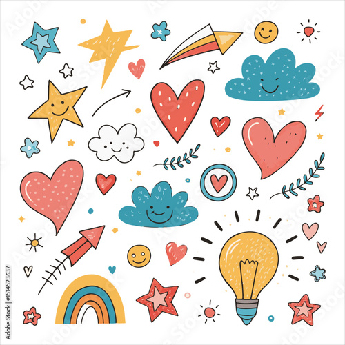 This image is a colorful and whimsical illustration featuring various cute and playful elements. Here's a breakdown of the elements in the image: