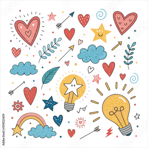 This image is a colorful and whimsical illustration featuring various cute and playful elements. Here's a breakdown of the elements in the image: