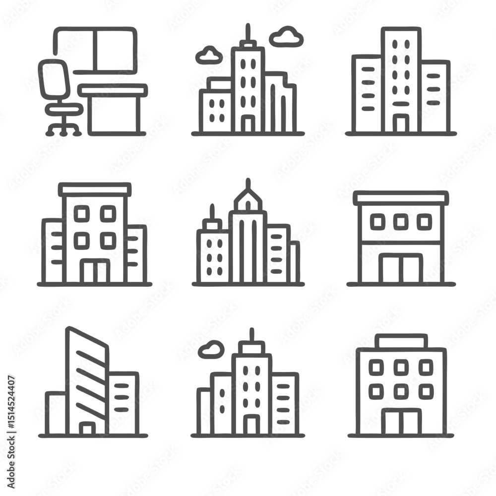 Obraz premium Nine line drawings of different building types are ideal for architectural presentations, city planning projects, educational materials, and urban design resources.