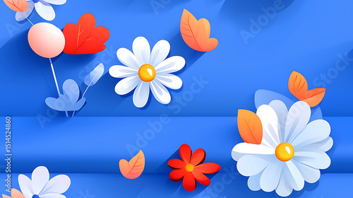 Bright floral pattern with white and red flowers and orange leaves on vibrant blue background, cheerful and fresh design