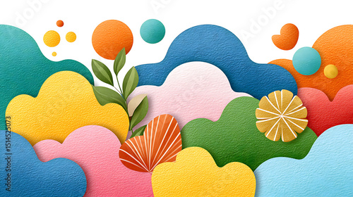 Colorful abstract paper cut shapes with green leaves, soft pastel tones and gentle watercolor texture creating calm