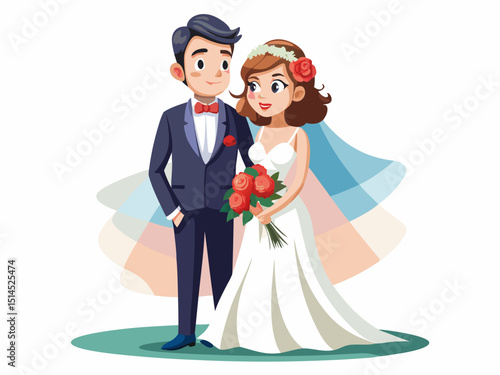 A romantic vector of a bride in white dress holding a bouquet, standing beside the groom in a suit, isolated on a white background
