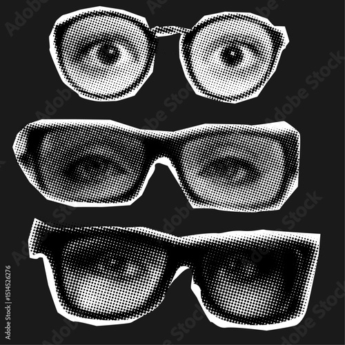 Female eyes with glasses with retro halftone style,trendy collage elements