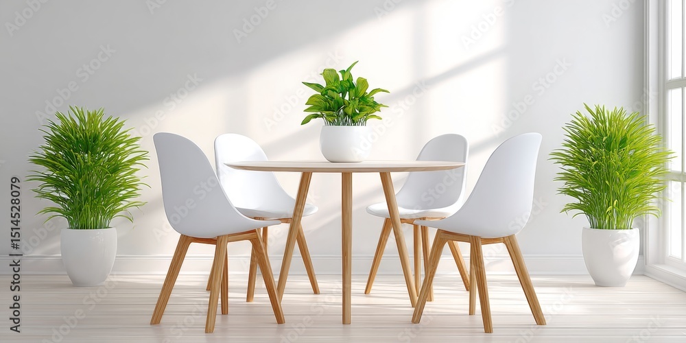 Fototapeta premium A minimalist meeting space with white walls, one table, and four chairs