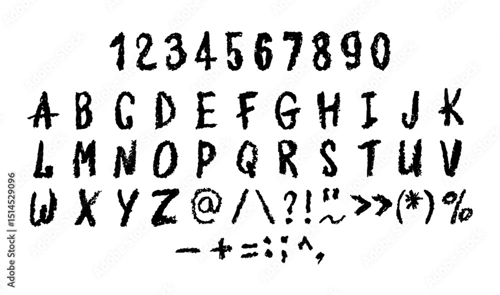 English alphabet and numbers 0-9, hand-drawn in a white wax crayon or chalk style on a board. Highlighter effect, perfect for kindergarten drawing, learning, and creative design. Vector illustration English alphabet and numbers 0-9, hand-drawn in a white wax crayon or chalk style on a board. Highlighter effect, perfect for kindergarten drawing, learning, and creative design. Vector illustration