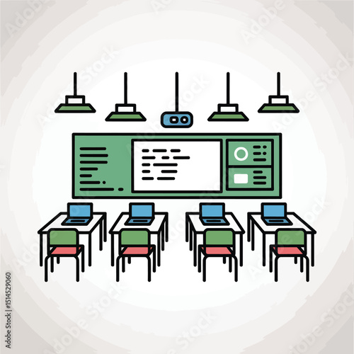 Classroom with computers and desks isolated on white background, featuring a modern and minimalist design for education and learning environments