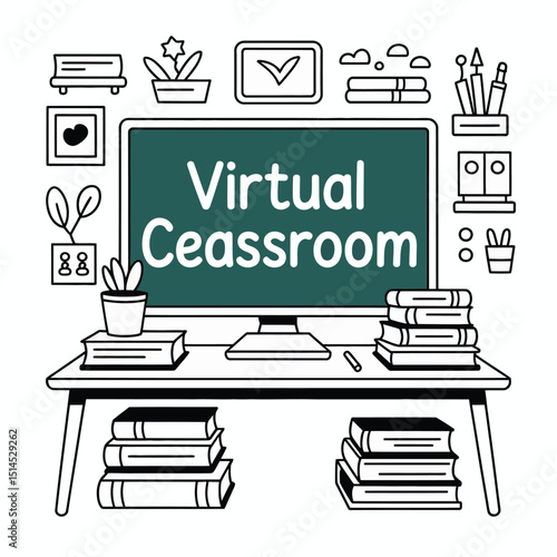 Virtual classroom setup with computer, books, and plant isolated on white background, representing online education and distance learning in a modern minimalist style