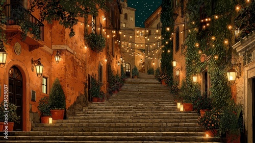 Strolling Through the Charming Streets of Italy Under the Night Sky with Lights