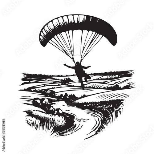 Parachute skydiving or hang gilder of black silhouette on white background