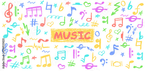 Colorful music notes in charcoal scribble style. Handwritten pop sketch elements on white for edgy, school designs. Cute childish music kindergarten pastel or wax pencil signs. Vector illustration