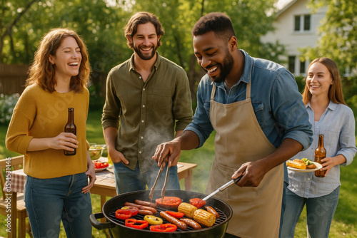 Friends enjoying a barbecue party together.