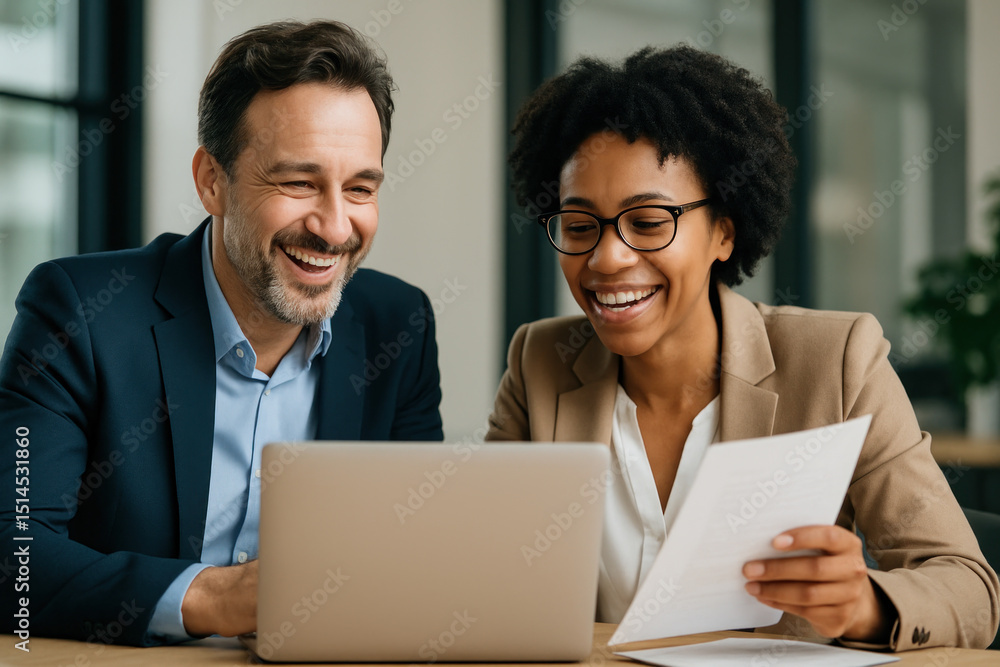 Obraz premium Man and woman looking at a laptop together.