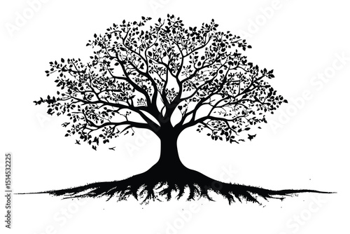 Black and White Tree of Life Silhouette with Roots