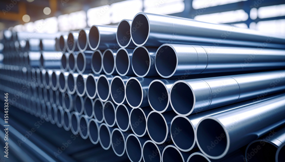 Stack of steel pipes, metal pipe for building construction in warehouse or industrial Stack of steel pipes, metal pipe for building construction in warehouse or industrial