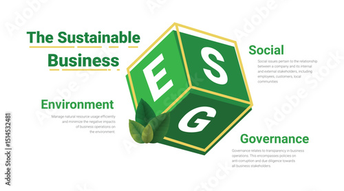 ESG infographic for Sustainable business, Environmental, Social, Governance. Corporate sustainability performance.
