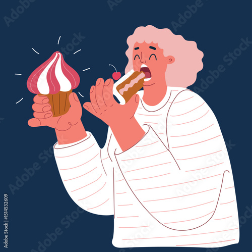 Cartoon vector illustration of a woman devouring cakes with enthusiasm, symbolizing sweet cravings and overindulgence