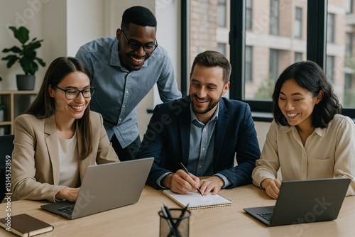 people working on laptops in an office.