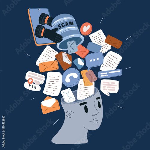 Cartoon vector illustration of a bucket labeled “scam” splashing on a person’s head from a smartphone screen, representing online fraud and digital dangers