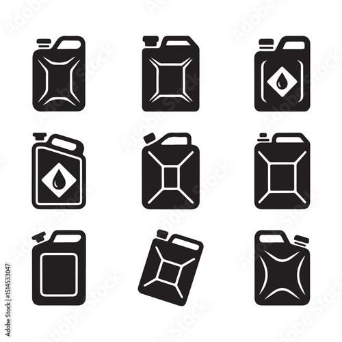 A set of nine simple, black and white icons depicting various fuel cans.