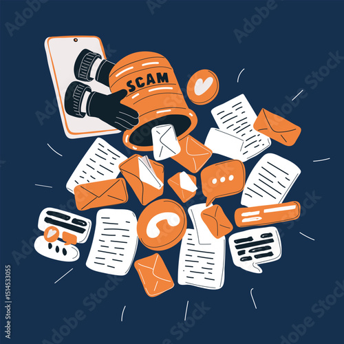Cartoon vector illustration of scammer hands dumping spam from a smartphone, symbolizing online fraud and digital misinformation