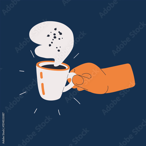 Cartoon vector illustration of a hand holding a hot coffee cup, representing comfort, energy, and daily routine