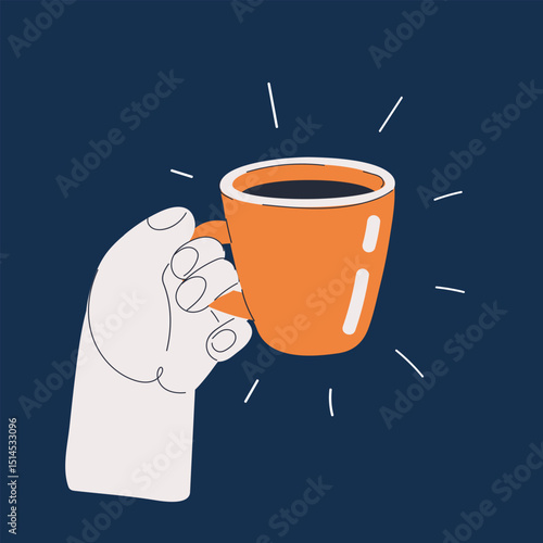 Cartoon vector illustration of a hand gripping a warm coffee mug, symbolizing comfort, wakefulness, and daily habit