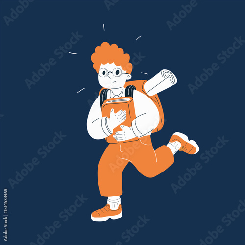 Cartoon vector illustration of an excited schoolboy running with a book, symbolizing motivation and eagerness for a new project