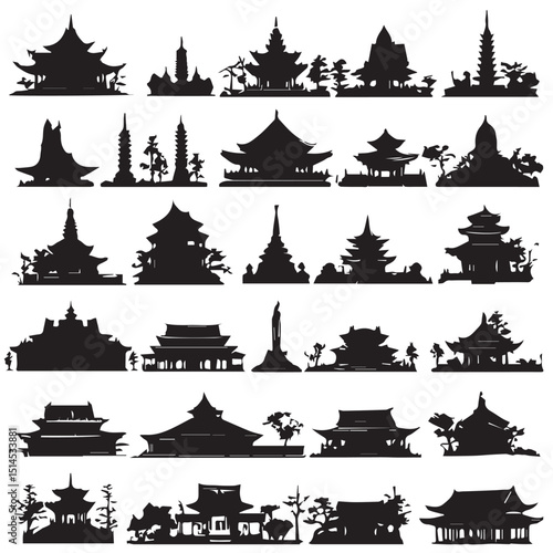 Buddhist temple silhouette set