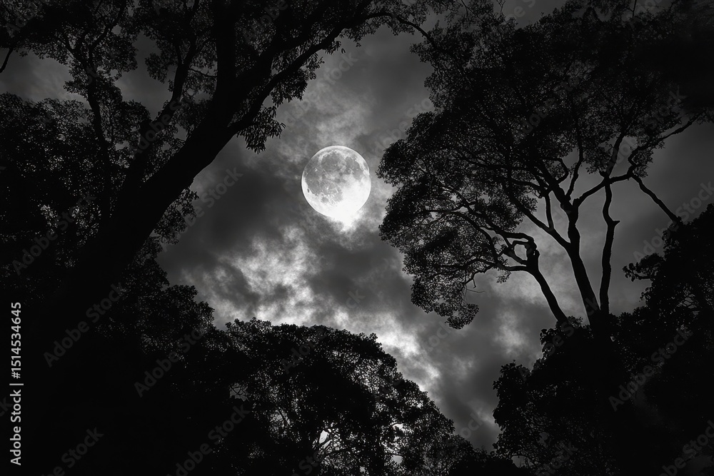 Naklejka premium Bright full moon illuminates treetops on a stormy night, Moon Above Tree Tops On Stormy Night