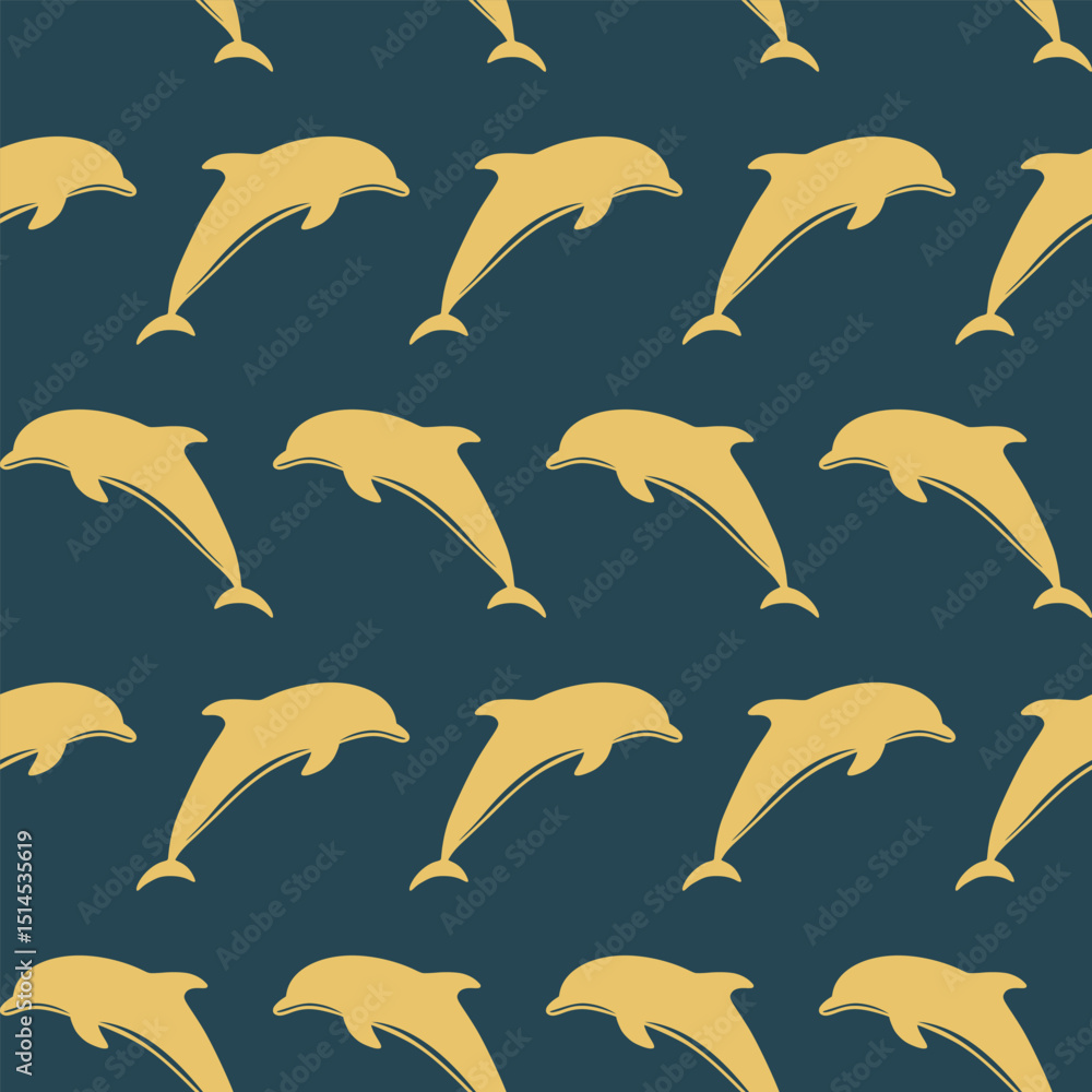 Naklejka premium Seamless pattern with golden yellow dolphins swimming on deep navy blue background. Cheerful and marine-themed design for textiles and backgrounds. Vector marine cute baby seamless pattern.