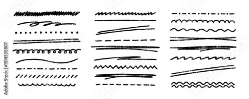Scribble black crayon lines vector set. Chalk underline lines. Charcoal texture lines set isolated on white background. Grunge different chalk strokes, crayon drawing dividers. Black horizontal lines.