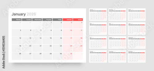 Monthly calendar layout for 2026 year. Diary planner for 2026 year. Week Starts on Monday. 