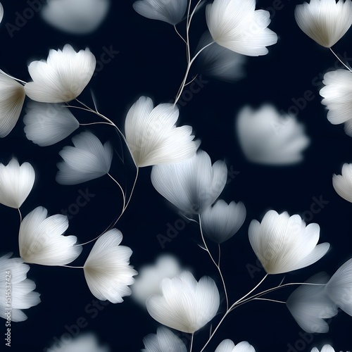 Elegant floral pattern with soft white blooms on dark background