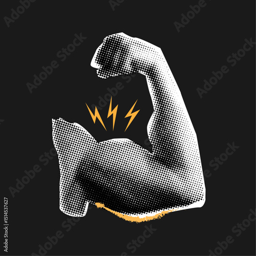 Halftone collage element hand showing flexed biceps,cut out from magazine,strong hand concept