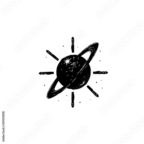 A captivating cosmic dance: Black and white Saturn illustration with celestial charm