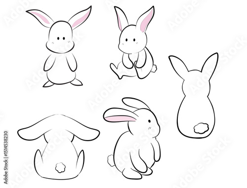 set of simple line drawing of a white rabbit with pink inner ears and a fluffy tail.